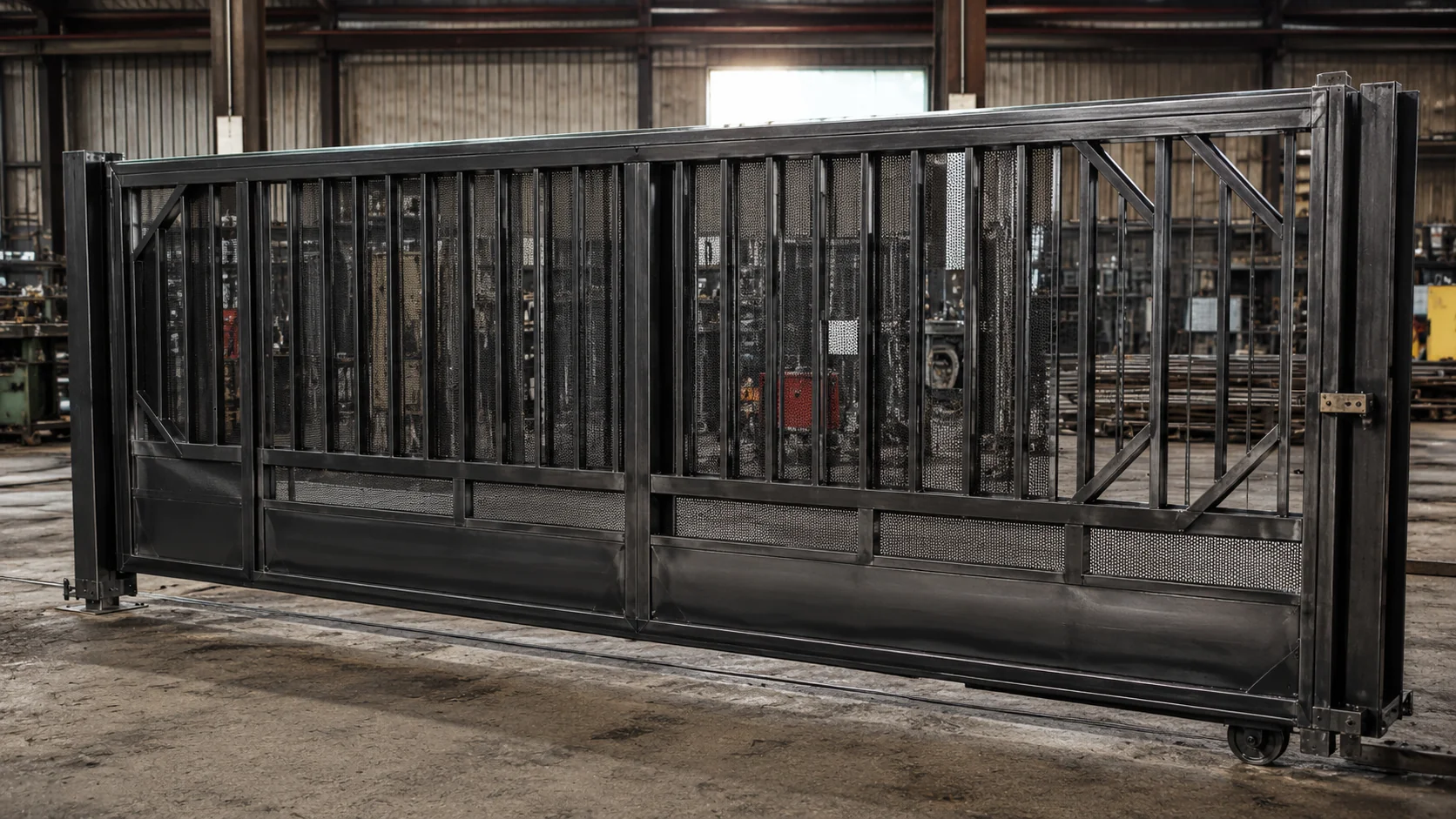 Finished custom steel sliding gate with a vertical bar and mesh panel design in the workshop