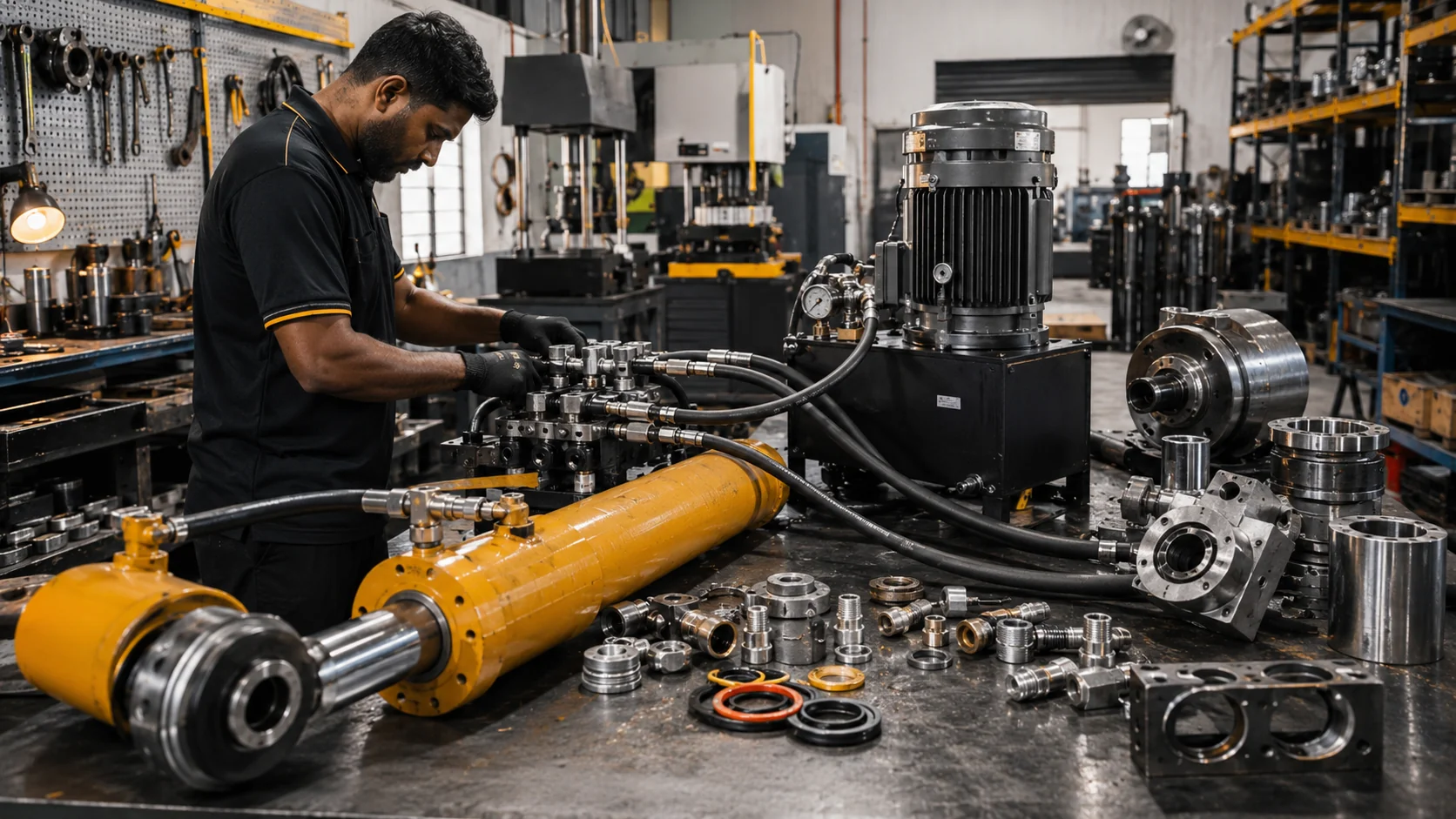 Technician assembling a hydraulic manifold and fittings beside a yellow hydraulic cylinder and a hydraulic power pack unit in the workshop