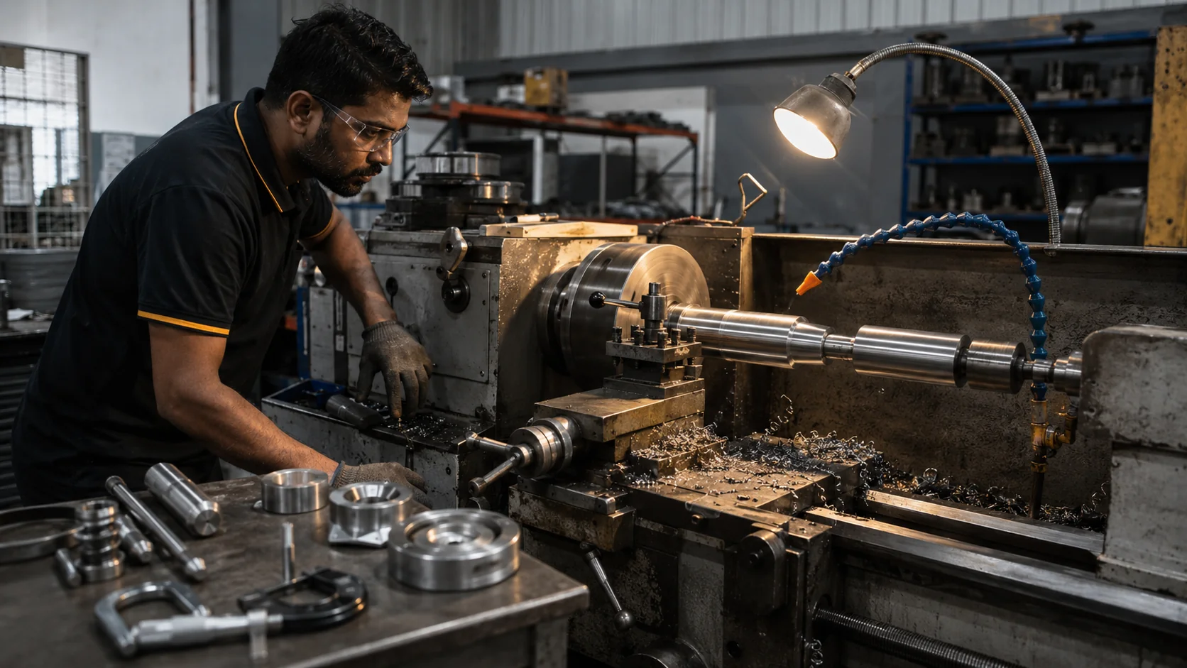 Technician machining a steel shaft on a lathe, with coolant running and machined components on the bench in front